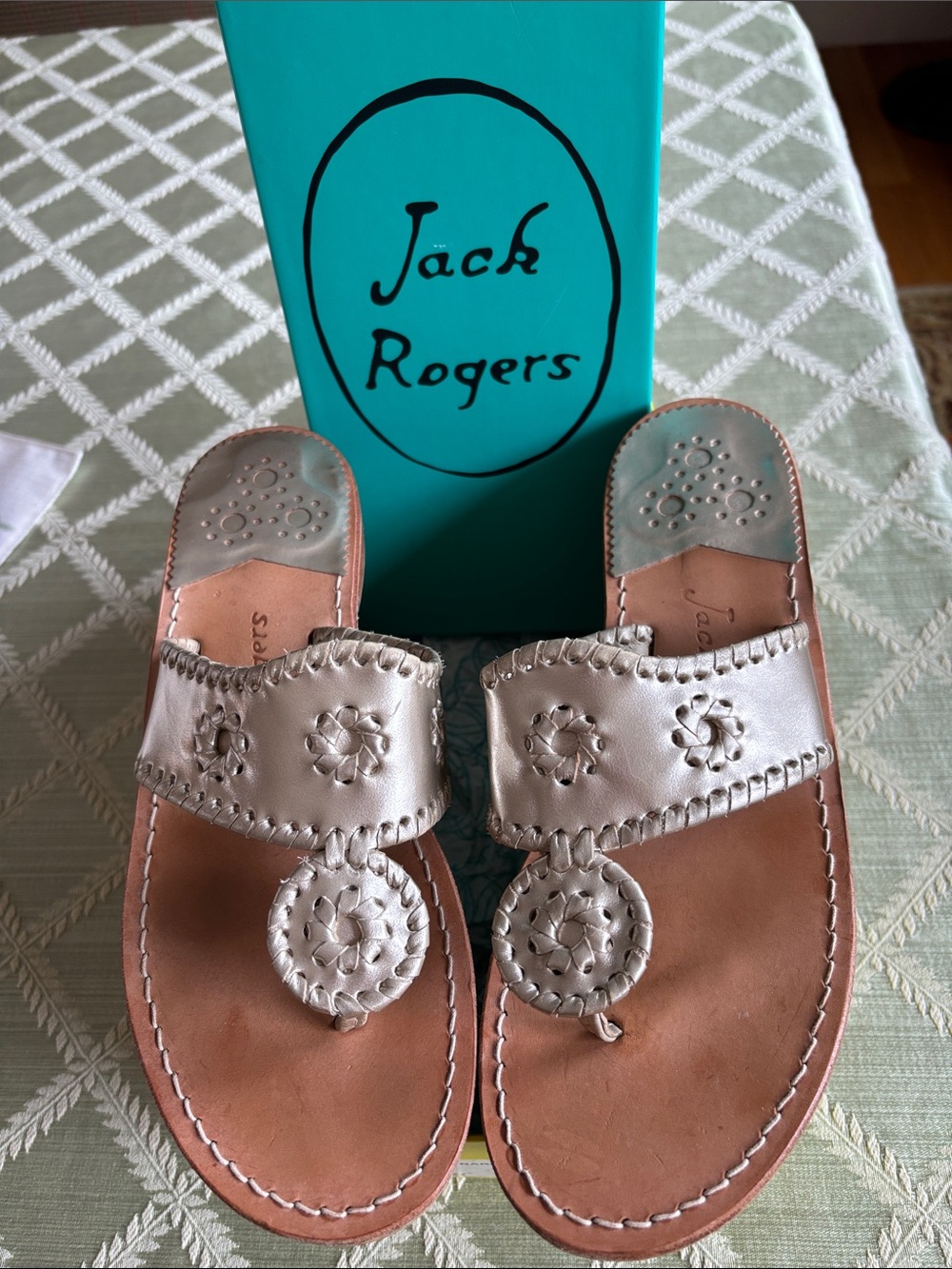 🩴⛵️VGUC Sz 8N Jack Rogers Platinum Leather Hamptons Sandals ⛵️🩴